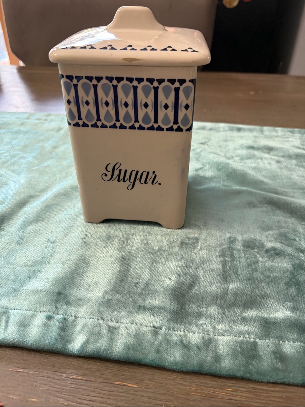 Vintage White Ceramic Sugar Canister with Blue Pattern